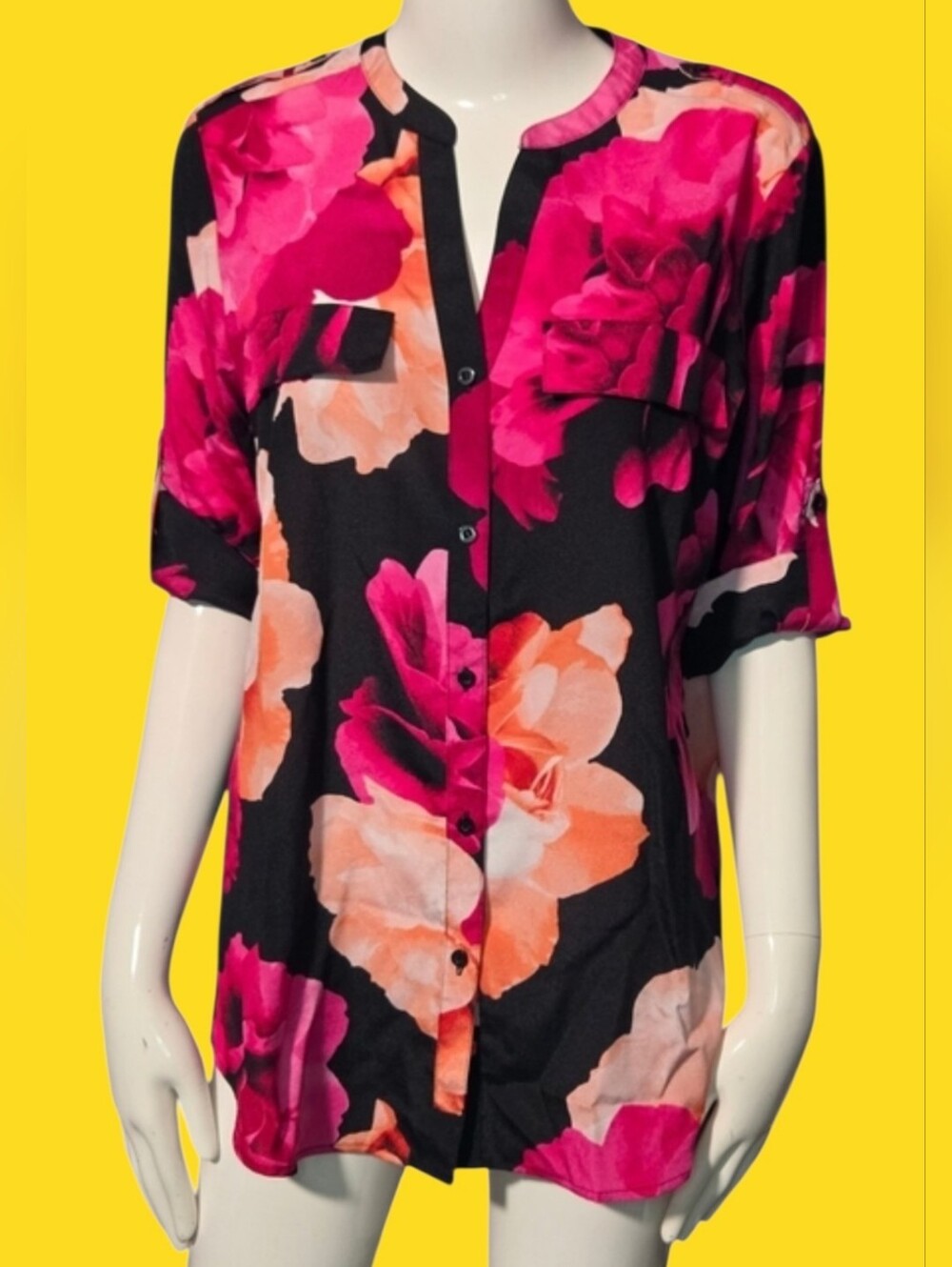 Calvin Klein Black Button-Front Blouse with Pink & Orange Floral Print
